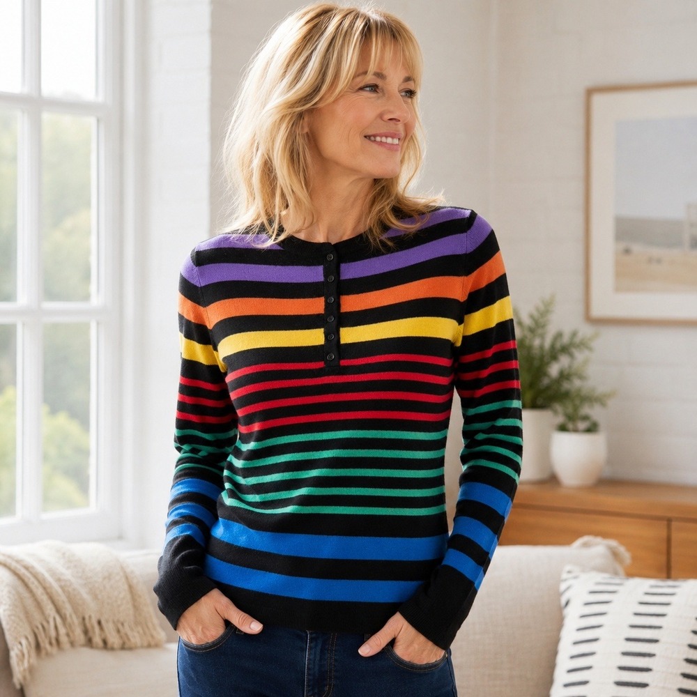 Jones New York Signature Petite P/P Rainbow Stripe Merino Cashmere Sweater